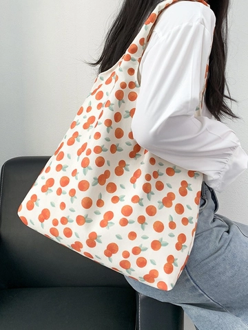 Women Canvas Shoulder Bag Large Capacity Floral Print Retro Korean Style Tote Handbag For Daily Shopping Travel
