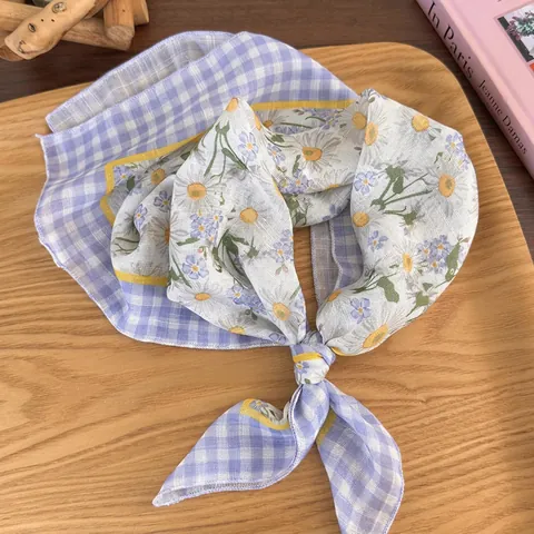 Sciarpa Quadrata In Cotone Lino Stampa Margherite Quadri Bandana Stile Pastorale Accessorio Capelli Donna