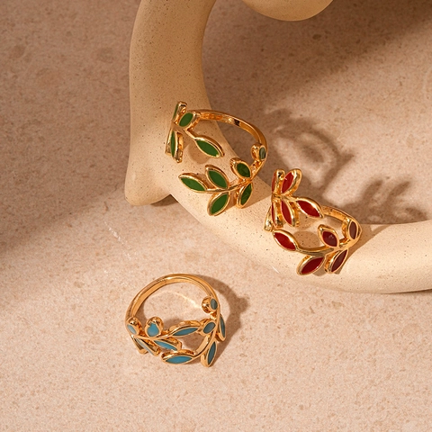 Anillo Aperto Foglia Di Rame Vintage Placcato Oro Smalto Regolabile Ramo Pianta Gioielli Per Donne