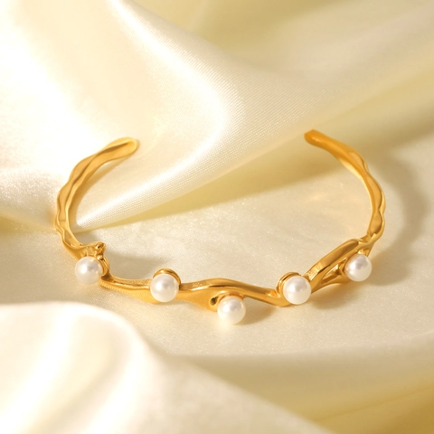 Künstliche Perlen Armband Aus Edelstahl Unregelmäßige Welle Offene Manschette Armreif Französischer Minimalist Schmuck Für Frauen