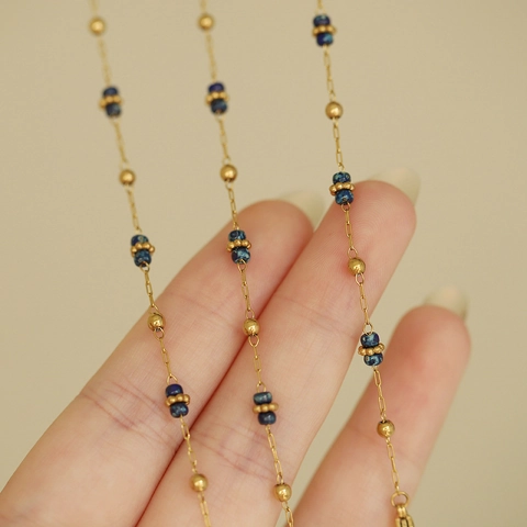 Parure Bijoux en Acier au Titane Style Peinture à l'Huile Vintage Ciel Étoilé Bleu Perles de Rocaille Collier Bracelet pour Femme