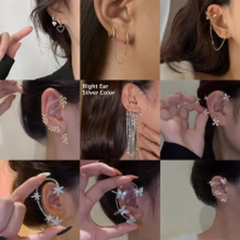 Rhinestone Butterfly Leaf Star Ear Cuffs No Piercing Alloy Gold Silver Streamer Wrap Earrings For Women Wedding Party Jewelry