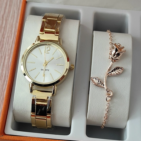 Women's Fashion Quartz Watch And Bracelet Set Alloy Metal Strap Rhinestone Embellished Elegant Casual Lady Wrist Watch Jewelry Gift Set