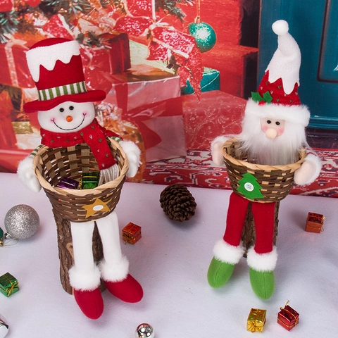 Weihnachts-Süßigkeitenkorb Aus Bambus Geflochten Schreibtischdeko Langbeiniger Weihnachtsmann Schneemann Plüsch Festliches Ornament