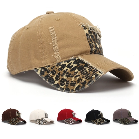 Casquette De Baseball Coton Patchwork Léopard Distressed Streetwear Protection Solaire Réglable Pour Hommes Femmes