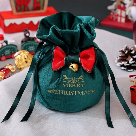 Weihnachten Samt Geschenktüte Mit Schleife Glocke Rentier Muster Goldprägung Kordelzug Beutel Für Feiertag Party Geschenke