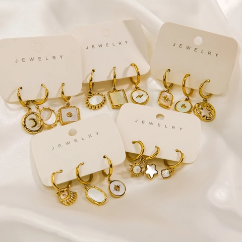 Stainless Steel Shell Inlaid 14K Gold Plated Celestial Sun Moon Hoop Drop Earrings Minimalist Niche Jewelry For Women