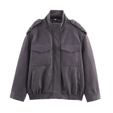 Giacca In Camoscio Da Donna Collo Alto Tasca Utility Spallina Capispalla Casual Cerniera