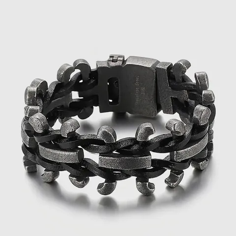 Bracelet Style Industriel Rétro Pour Hommes En Acier Inoxydable 316L Et Cuir Véritable Tressé Punk Moto