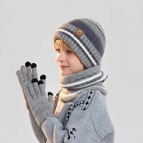 Cappello E Sciarpa E Guanti In Maglia Invernale Per Bambini A Righe Foderati In Pile Caldo Touchscreen