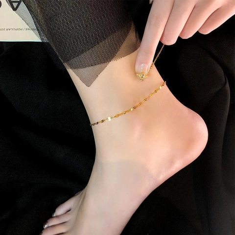 18K Gold Plated Titanium Steel Lip Chain Anklet Minimalist Rhinestone Wave Pattern Ankle Bracelet For Women Daily Fashion Jewelry