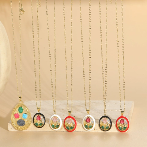 Collana Con Ciondolo a Fiore Zirconia Vintage Francese per Donna Catena in Rame Placcato Oro Smalto Floreale Botanico