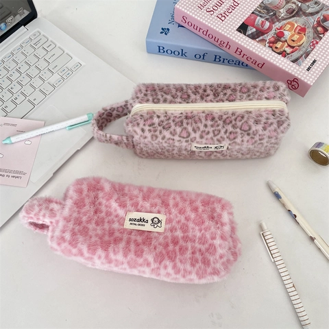 Plush Leopard Print Pencil Case Large Capacity Portable Faux Fur Stationery Pouch Makeup Bag With Zipper Handle For School
