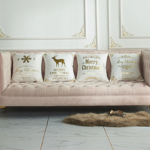 Kerst Gouden Stempelen Kussensloop Wit Fluweel Decoratieve Kussenhoes Rendier Sneeuwvlok Nieuwjaar Vakantie Woondecoratie