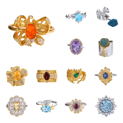 S925 Sterling Silver Natural Gemstone Adjustable Ring For Women Sunflower Butterfly Leaf Inlaid Flower Finger Ring Jewelry