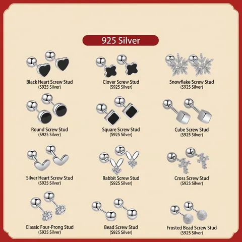 Boucles d'Oreilles Clous en Argent Sterling 925 Zirconia pour Femmes Minimaliste Géométrique à Vis Cœur Flocon de Neige Croix Trèfle Bijoux