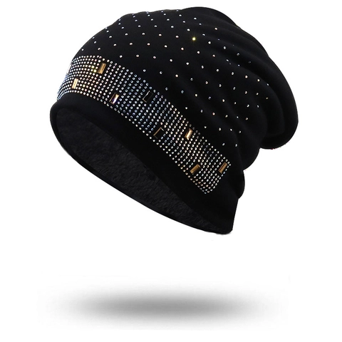 Slouchy Beanie Hat For Women Warm Lined Sparkly Rhinestones Acrylic Knit Turban Cap Winter Fashion Headwear