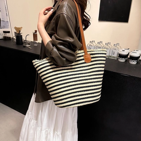 Borsa Tote In Paglia A Righe Grande Capacità Borsa A Tracolla Intrecciata Con Manici In Pelle PU Per Spiaggia E Mare