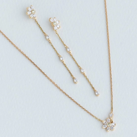 S925 Sterling Silver 14K Gold Plated Green Zirconia Flower Necklace Earrings Set For Women Sweet Gentle Style Jewelry