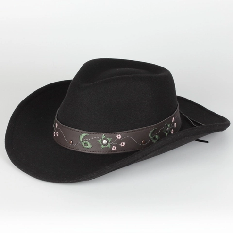 Chapeau Cowboy Western Feutre Laine Bord Large Vintage Fedora Avec Bande Cuir Brodée Et Rivets Pour Femmes Hommes