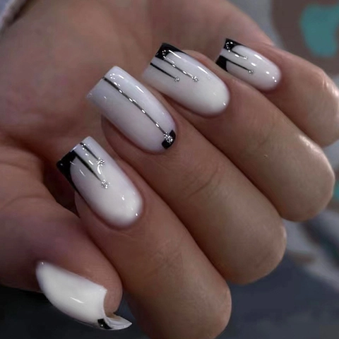 Uñas Postizas Square Negro Y Blanco Líneas Geométricas Purpurina Aurora Estilo Ins Resina Con Diamantes De Imitación