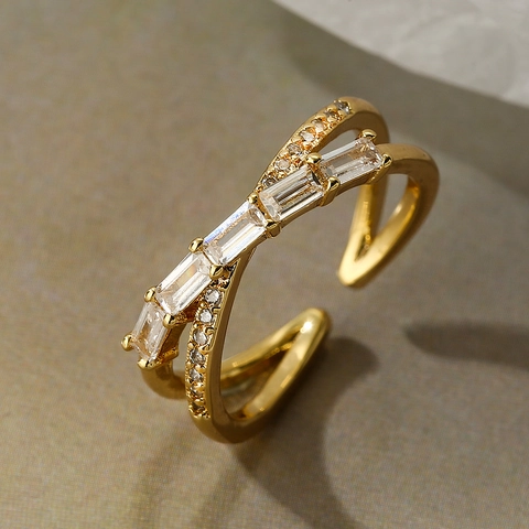 Minimalist Geometric Copper Open Ring 18K Gold Plated Zirconia Cross Double Layer Adjustable Fashion Finger Ring Women Jewelry