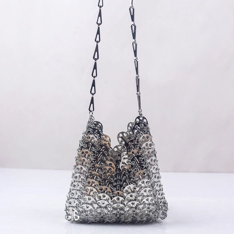 Women Trendy Metal Plate Crossbody Bag Alloy Chain Hand Woven Sequin Shoulder Bag Evening Clutch Party Purse