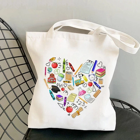 Teacher Canvas Tote Bag Large Capacity Eco Friendly Graphic Printed Shoulder Handbag For School Women Gift Aesthetic Boho