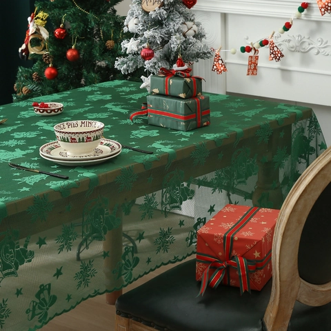 Christmas Lace Tablecloth Green Polyester Mesh Santa Reindeer Pattern Holiday Party Dining Room Table Decor