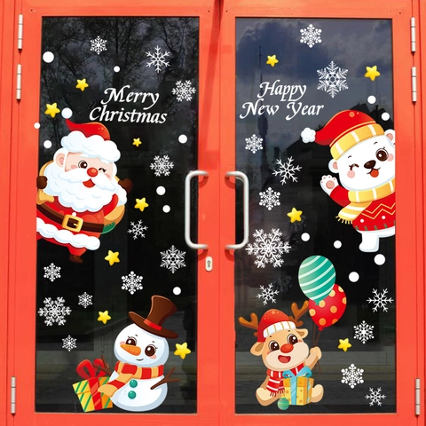 Kerst Vensterstickers Statische PVC Stickers Verwijderbaar Herbruikbaar Kerstman Sneeuwvlokken Rendier Decoratie