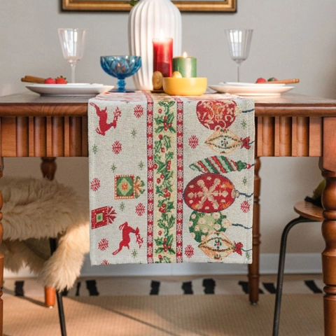 Camino De Mesa Y Mantel Individual Navideño De Jacquard De Algodón Y Poliéster Con Patrón De Renos Y Copos De Nieve