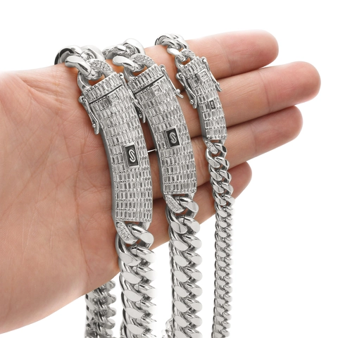 Collana Catena Cuban Link Acciaio Inossidabile Con Chiusura Zirconia In Rame Iced Out Hip Hop Streetwear Uomo