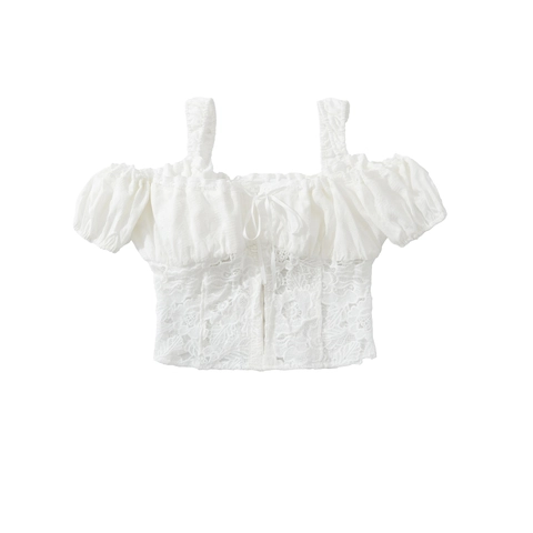 Completo Gonna Due Pezzi Donna Con Patchwork In Pizzo Top Spalle Scoperte Maniche A Sbuffo E Gonna Lunga