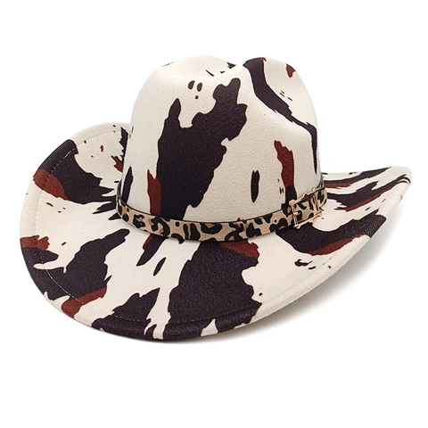 Cappello Da Cowboy Western Stampa Leopardo Mucca Feltro Poliestere Tesa Larga Protezione Solare Outdoor Uomo Donna