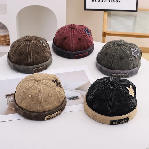 Berretto Docker Senza Tesa Retro Cotone Lavato Effetto Consumato Cappello Miki Con Toppa A Stella Regolabile