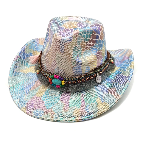 Cappello Da Cowboy Western Pelle Di Serpente Metallica Con Perline Turchese Nappa Stile Etnico Boho
