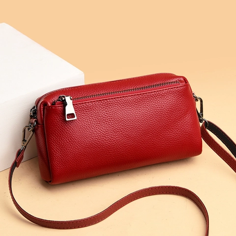 Women Genuine Leather Crossbody Bag Litchi Pattern Top Layer Cowhide Small Shoulder Bag Fashion Casual Multi Zip Clutch