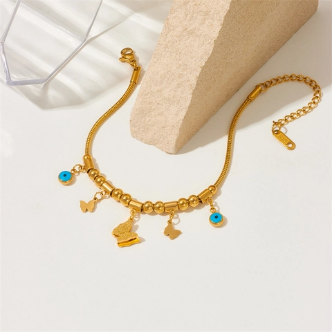 Gold Edelstahl Schmetterling Anhänger Armband Für Damen Blau Böser Blick Schlangenkette Verstellbar Retro Mode Schmuck