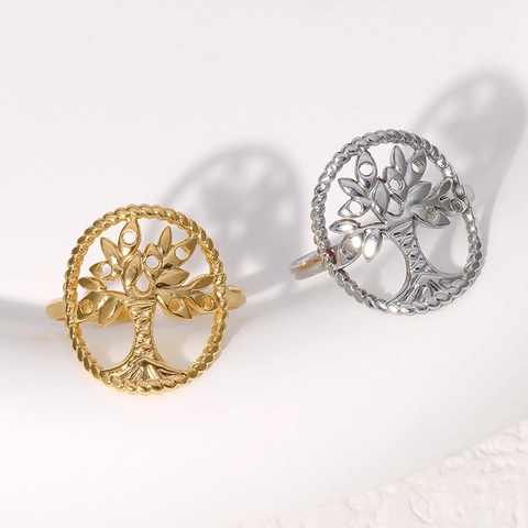 Bague Ajustable Arbre De Vie Acier Inoxydable Ajouré Rond Vintage Bijoux Bohèmes Pour Femmes