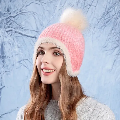 Gorro De Punto Invierno Para Mujer Con Orejeras Pompon Degradado Forro Termico Mezcla Acrilico Nylon Lana