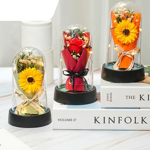 Rosa Girasole Garofano Fiore Di Sapone Conservato In Cupola Di Vetro Con LED Regalo Decorativo Per Madre San Valentino
