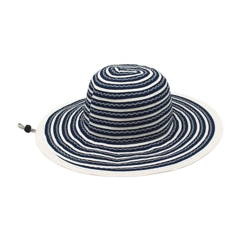 Women Wide Brim Sun Hat Foldable Striped Polyester Woven UV Protection Summer Beach Adjustable Windproof Rope Elegant