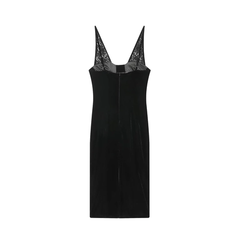 Sexy Velvet Midi Dress For Women With Lace Patchwork V Neck Spaghetti Strap Slim Fit Evening Party Clubwear High Slit