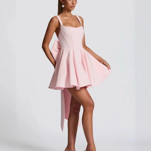 Women Mini Cami Dress Polyester Rayon Square Neck Back Large Bow Sleeveless A-Line Puffy Party Princess Elegant