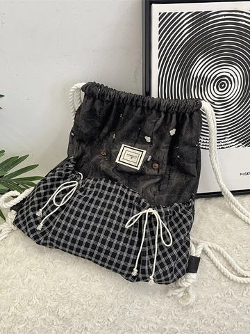 Korean Style Drawstring Backpack Patchwork Plaid Washed Denim Lightweight Large Capacity Rucksack For Women Student Commute