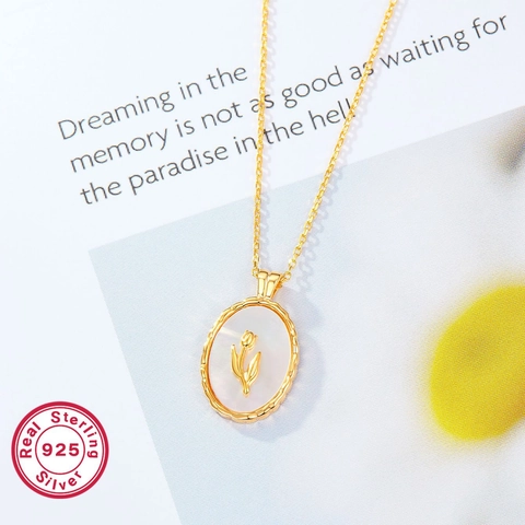 925 Sterlingsilber Perlmutt Tulpe Anhänger Halskette Vintage 3D Blumig Schlüsselbeinkette Gold Silber Schmuck Für Damen