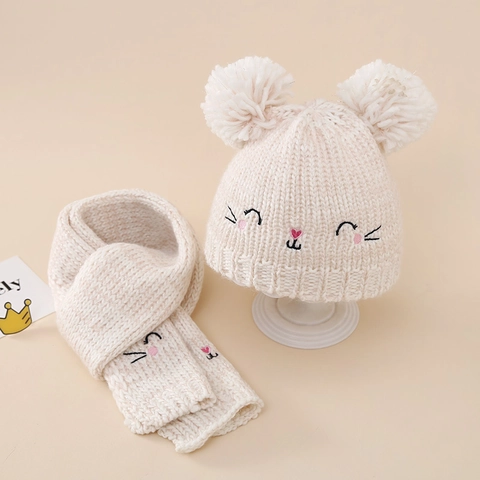 Baby Girl Knitted Hat And Scarf Winter Warm Acrylic Silver Thread Glitter Cute Cat Embroidery Double Pom Poms