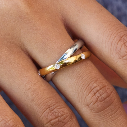 Anello Bicolore Intrecciato Acciaio Inossidabile Placcato Oro 18 Carati Geometrico Con Zirconia Per Donna