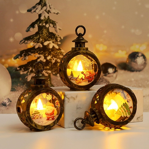 Weihnachten LED Laterne Tragbare Runde Licht Hängende Festliche Dekor Kunststoff Glas Warmes Glühen Vintage Stil Schreibtisch