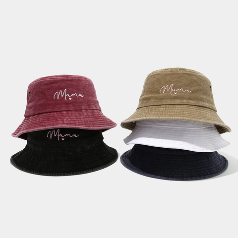 Cappello Alla Pescatora In Cotone Lavato Ricamo Mama Cuore Protezione Solare Tempo Libero Stile Retrò Estate Per Donna